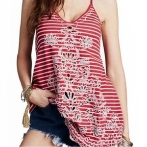 FREE PEOPLE Stripe Embroidered Top Frill Hem